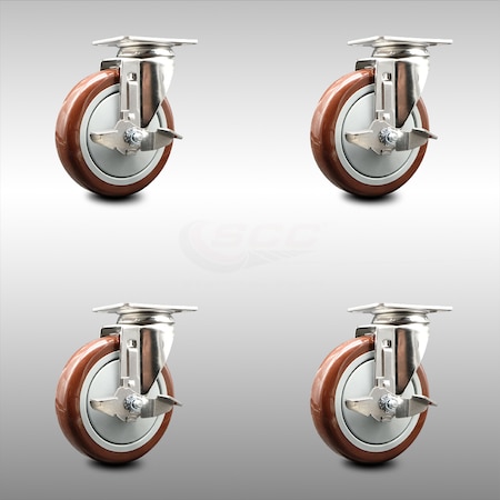 Service Caster 5 Inch 316SS Maroon Polyurethane Wheel Swivel Top Plate Caster Set with Brake SCC-SS31620S514-PPUB-MRN-TLB-4